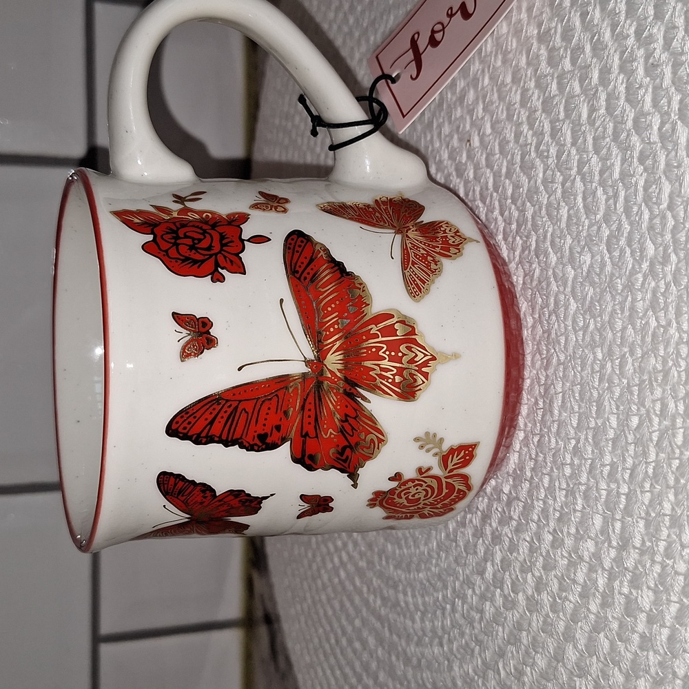 🦋 Sheffield Home Mug - Metallic Gold & Red Butterflies & Roses 🌹